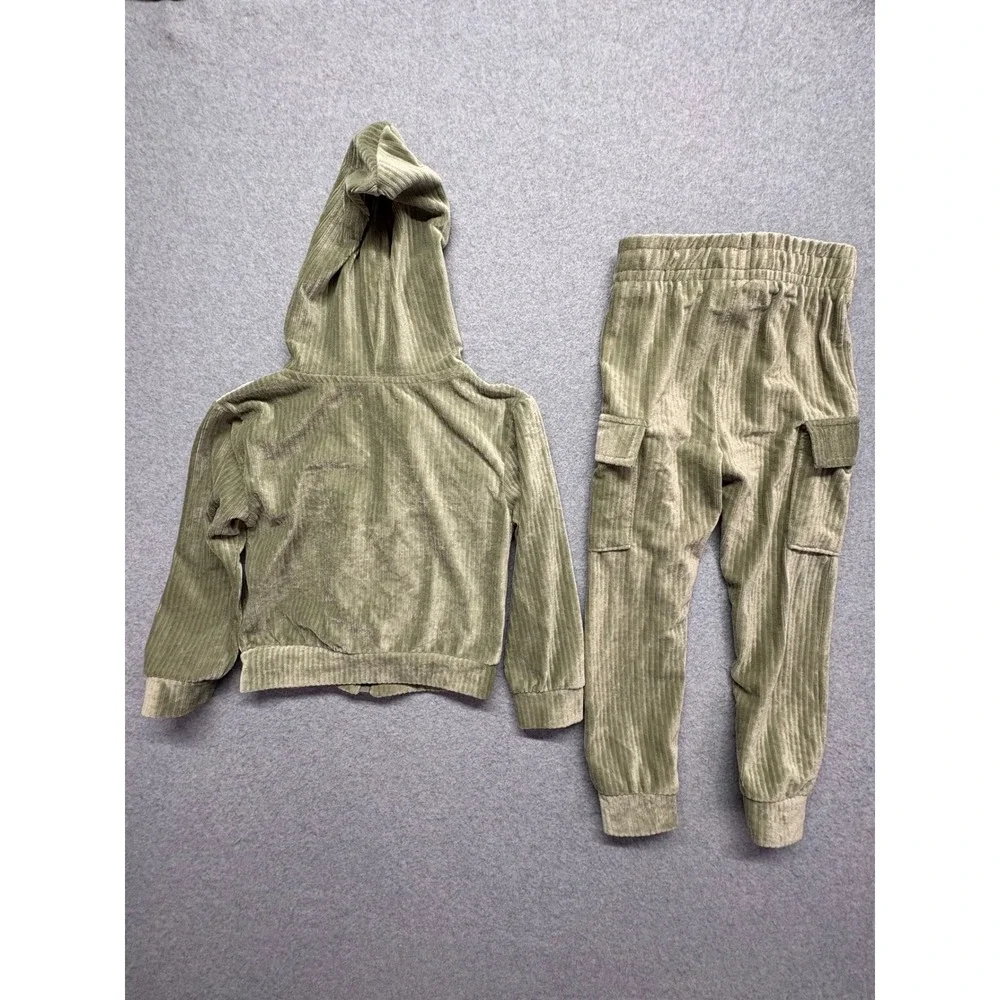 NYC Girls 4T Sage Green Ribbed Velour Tracksuit‎ Zip Hoodie Cargo Joggers Set